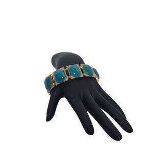 Gold Tone With Smooth Aqua Blue Cabochons Stretch Bracelet (6237)